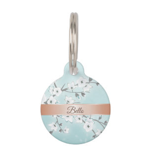 Floral Mint Rose Gold Cherry Blossom Pet´s Name Pet ID Tag