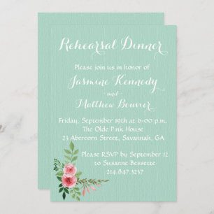 Floral Mint Wedding Rehearsal Pink Rose Flower Invitation