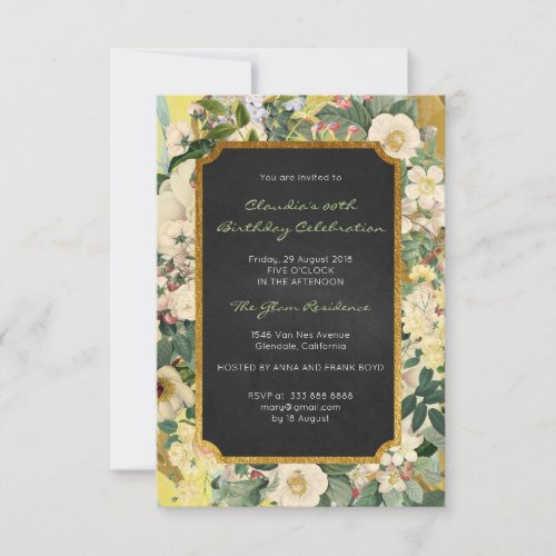 Floral Mint White Roses  Baroque Birthday Gold Invitation