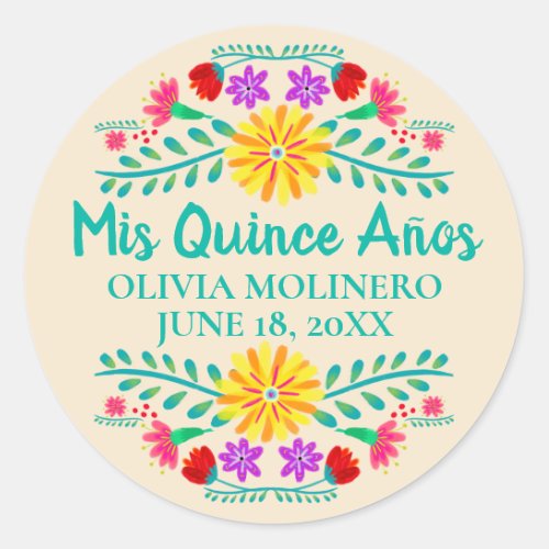 Floral Mis Quince Anos Champagne Mexican Fiesta Classic Round Sticker