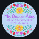 Floral Mis Quince Anos Light Blue Mexican Fiesta Classic Round Sticker<br><div class="desc">Custom light blue and purple Mis Quince Años envelope seals. These sticker sheets are handy for your invitation envelopes, gift wrap and party decorations. The template is set up ready for you to add your name and the date of your birthday or quinceanera celebration. This fun and vibrant design features...</div>