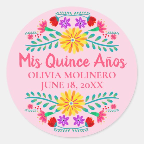 Floral Mis Quince Anos Pink Mexican Fiesta Classic Round Sticker