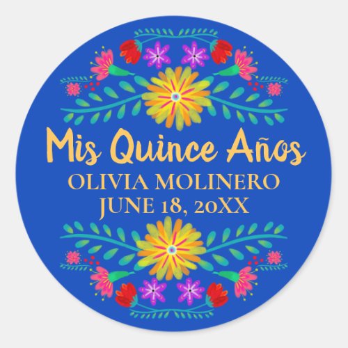 Floral Mis Quince Anos Royal Blue Mexican Fiesta Classic Round Sticker