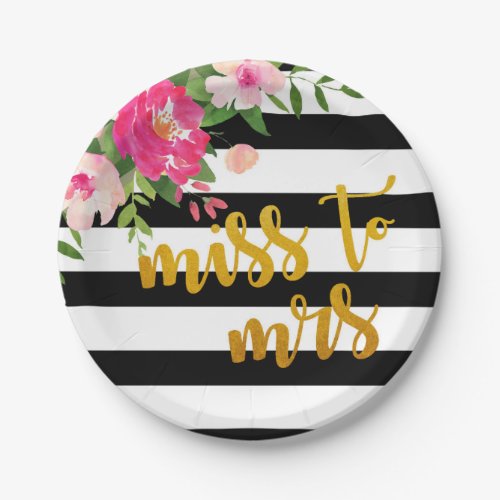 Floral Miss to Mrs Plate _ Black  White Stripes