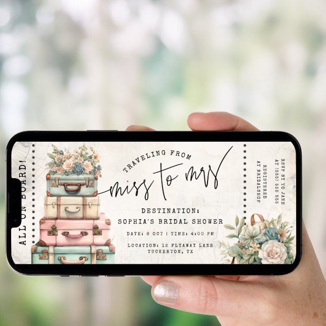 Floral Miss to Mrs Travel Bridal Shower Ticket Invitation (Front Digital)