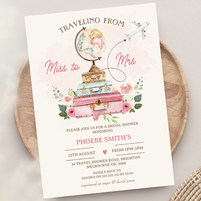 Floral Miss To Mrs Travel Themed Bridal Shower Invitation (Travel Themed Bridal Shower Invitation Traveling From Miss to Mrs Bridal Shower Invite World Globe)