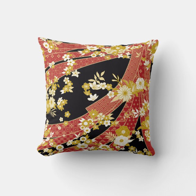 Floral Mix Kimono Pattern Throw Pillow (Front)