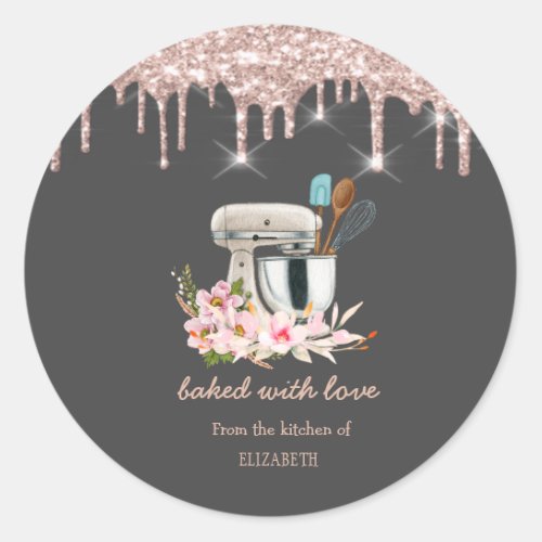 Floral Mixer Glitter Drips Bakery   Classic Round Sticker