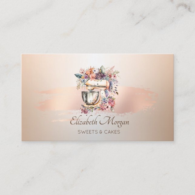 Floral Mixer Rose Gold Brush Stroke Bakery Business Card (Front)