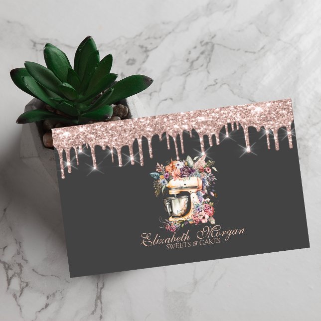 Floral Mixer Rose Gold Drips Bakery   Business Card (Creator Uploaded)