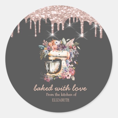 Floral Mixer Rose Gold Drips Bakery   Classic Round Sticker