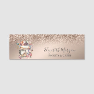 Floral Mixer Rose Gold Glitter Name Tag