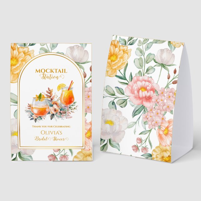 Floral Mocktail Station Bridal Shower Drink Bar Paper Table Tent (Front/Back)