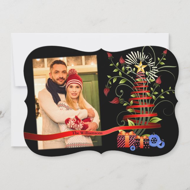Floral Modern Art Christmas Tree Photo Fancy Cut Holiday Card (Front)