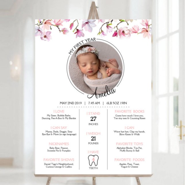 Floral Modern Baby photo First Birthday Milestone  Foam Board (Creator Uploaded)