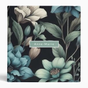 Floral modern black blue girly elegant stylish 3 ring binder