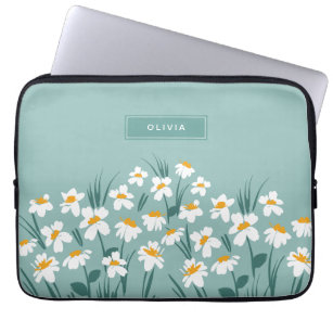 Floral modern daisy blue girly elegant stylish laptop sleeve