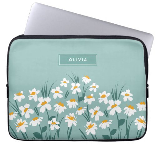 Floral modern daisy blue girly elegant stylish laptop sleeve