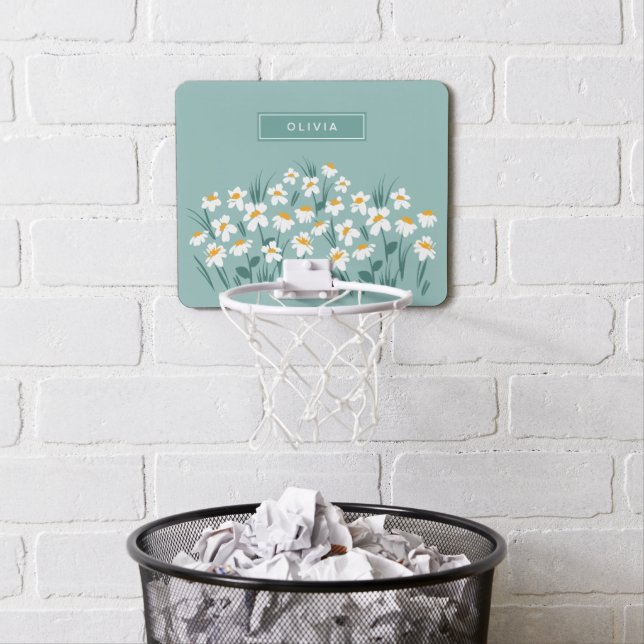 Floral modern daisy blue girly elegant stylish mini basketball hoop (In Situ)