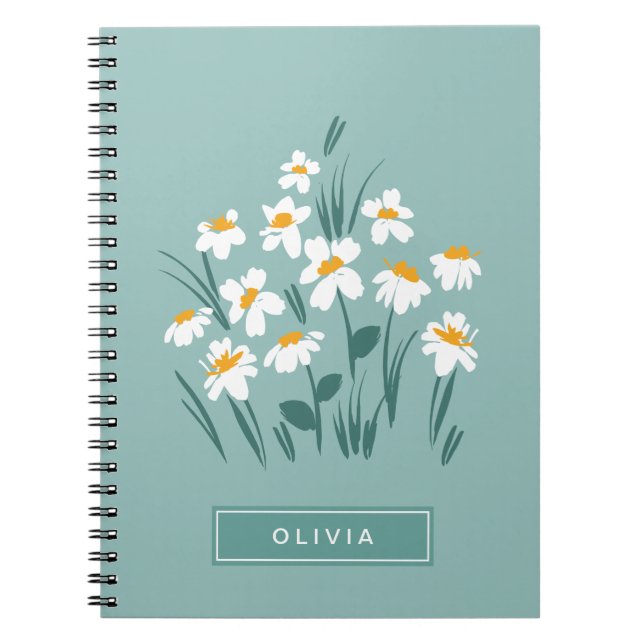 Floral modern daisy blue girly elegant stylish notebook (Front)