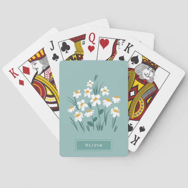 Floral modern daisy blue girly elegant stylish poker cards (Back)