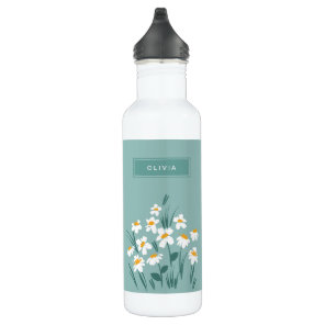 Floral modern daisy blue girly elegant stylish stainless steel water bottle