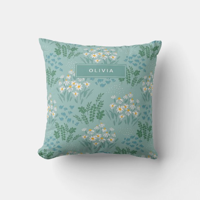 Floral modern daisy blue girly elegant stylish throw pillow (Front)