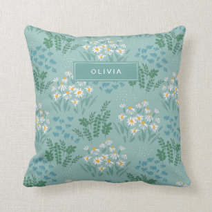 Floral modern daisy blue girly elegant stylish throw pillow