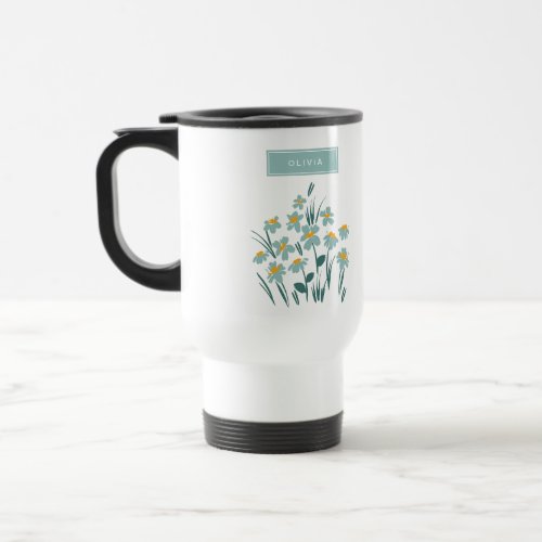 Floral modern daisy blue girly elegant stylish travel mug