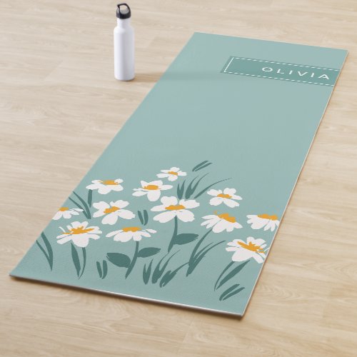 Floral modern daisy blue girly elegant stylish yoga mat