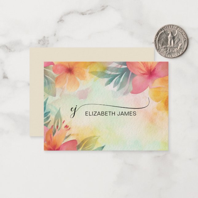 Floral Modern Elegant Script Monogram Initials  Note Card (Front/Back In Situ)