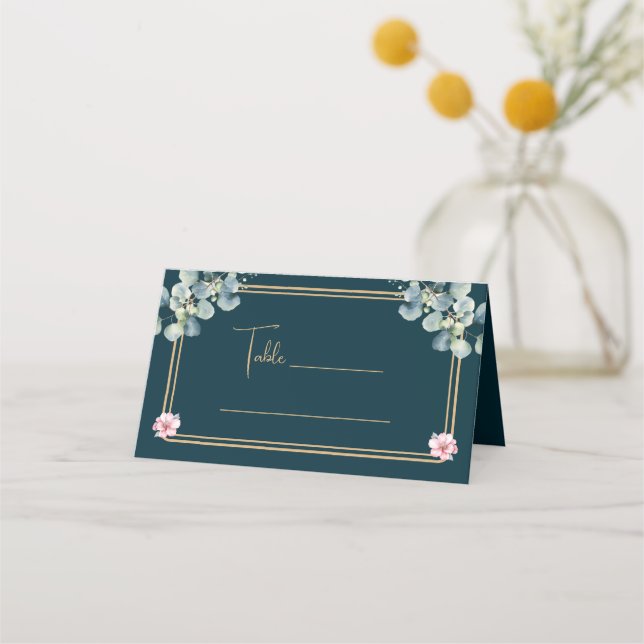 Floral Modern Eucalyptus Wedding Folded Place Card (Front)