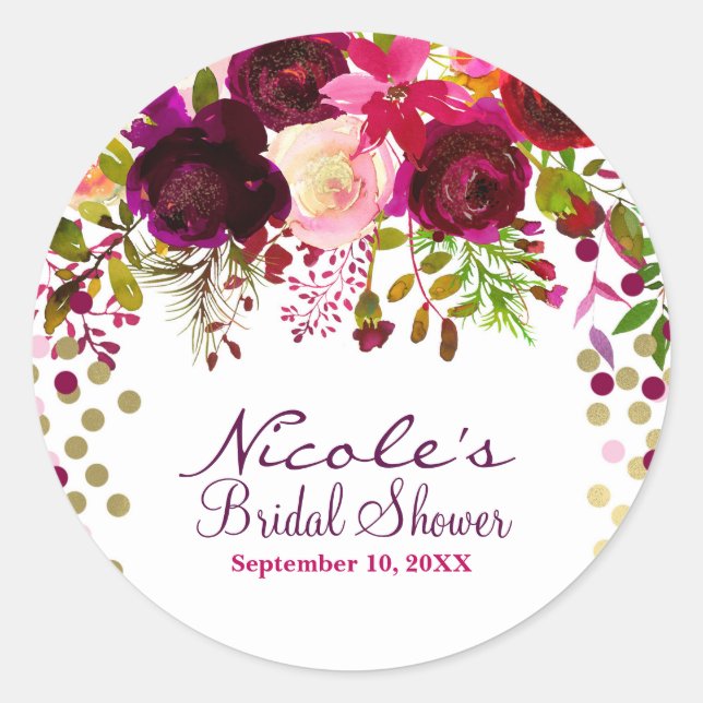 Floral Modern Gold Burgundy Bold Bridal Shower Classic Round Sticker (Front)