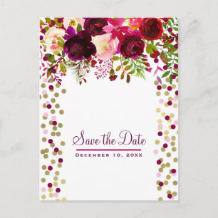 Floral Modern Gold Burgundy Bold Save the Date Announcement Postcard