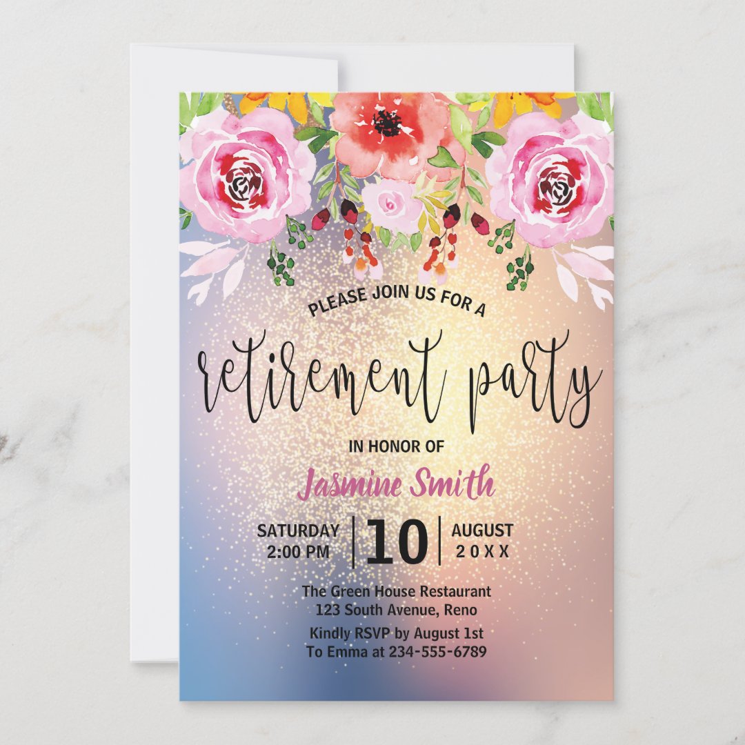 Floral Modern Gold Glitter Retirement Party Invitation | Zazzle