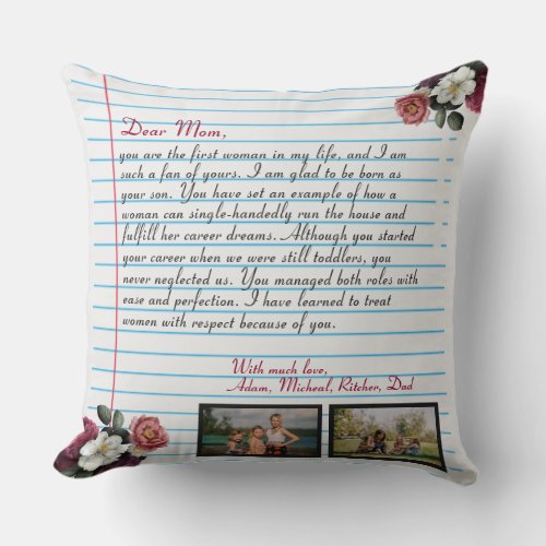 Floral Modern handwritten love letter mom message  Throw Pillow