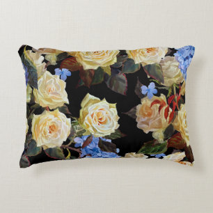 Floral modern pattern, white roses, blue hydrangea accent pillow