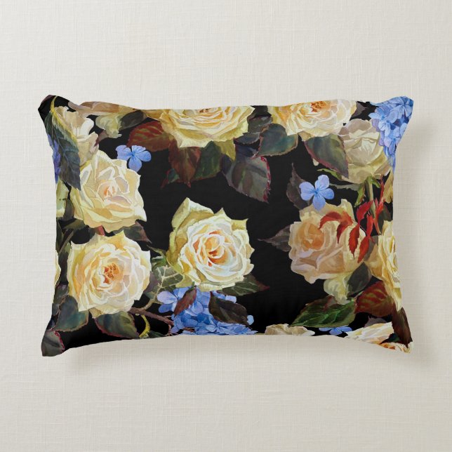 Floral modern pattern, white roses, blue hydrangea accent pillow (Front)