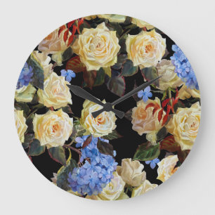 Floral modern pattern, white roses, blue hydrangea large clock