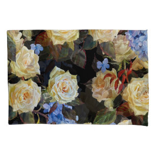 Floral modern pattern, white roses, blue hydrangea pillow case