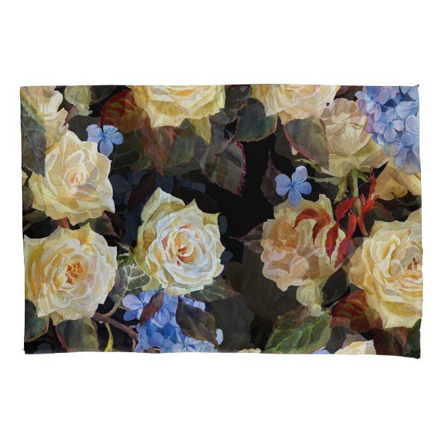 Floral modern pattern, white roses, blue hydrangea pillow case (Front)