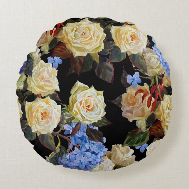 Floral modern pattern, white roses, blue hydrangea round pillow (Front)