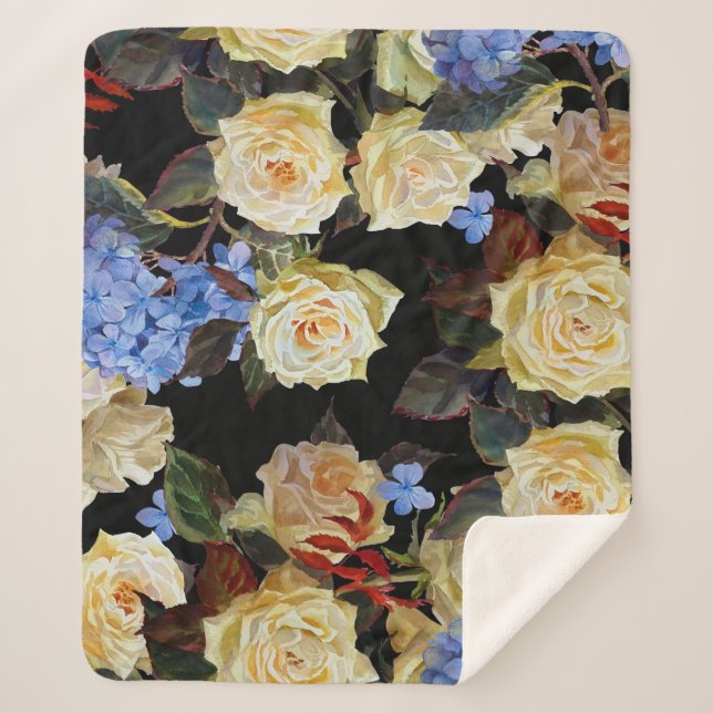 Floral modern pattern, white roses, blue hydrangea sherpa blanket (Front)