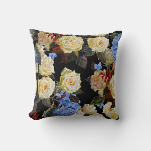 Floral modern pattern, white roses, blue hydrangea throw pillow