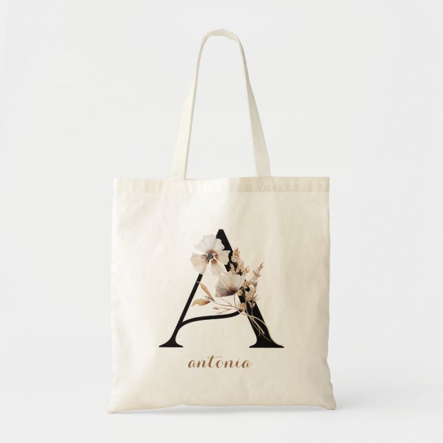 Floral Modern Personalized Monogram Letter "A" Tote Bag (Front)