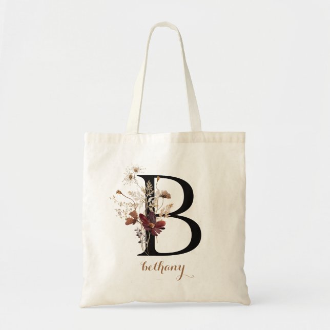Floral Modern Personalized Monogram Letter "B" Tote Bag (Front)