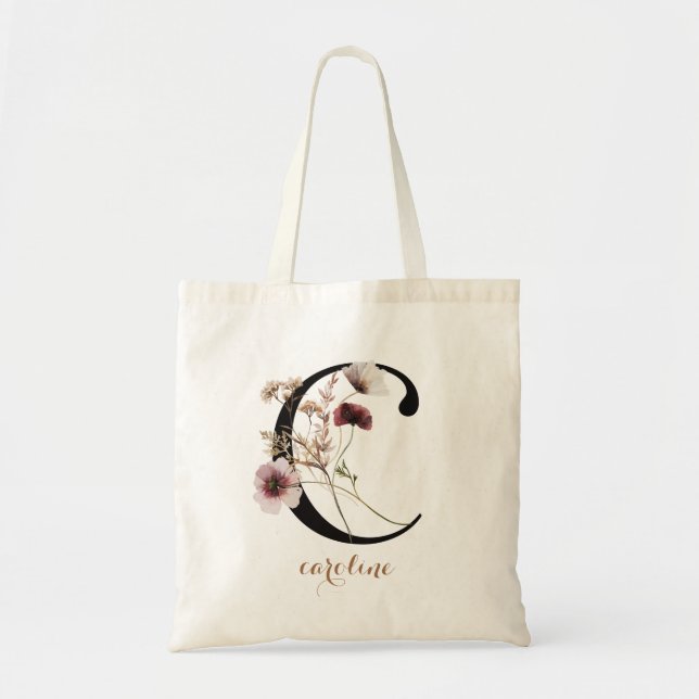 Floral Modern Personalized Monogram Letter "C" Tote Bag (Front)