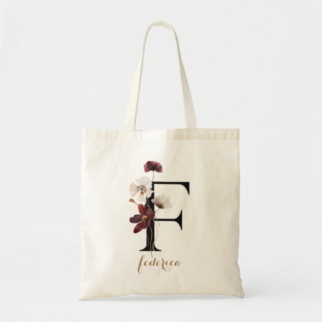 Floral Modern Personalized Monogram Letter "F" Tote Bag (Front)
