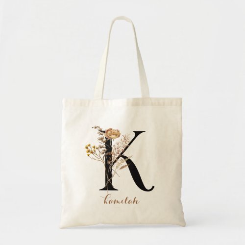 Floral Modern Personalized Monogram Letter K Tote Bag