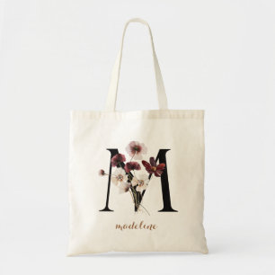 Floral Modern Personalized Monogram Letter "M" Tote Bag